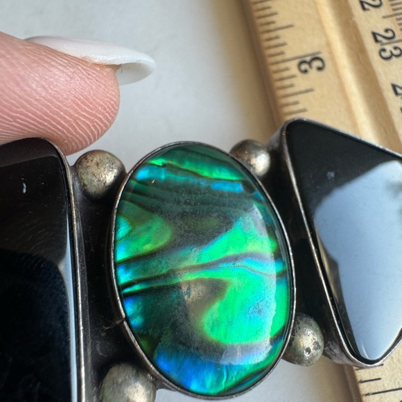 Elegant Sterling Silver Black Onyx and Green Abalone Pin brooch 22.9g - Picture 2 of 15